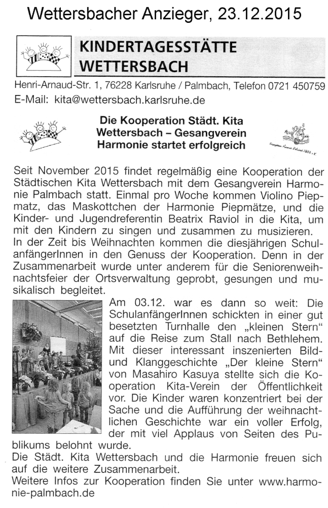 Bericht über die Seniorenweihnachtsfeier im Wettersbacher Anzeiger vom 23.12.2015 